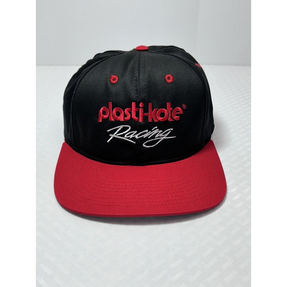 Vtg 90s Plasti-Kote Racing Cap Script Logo Nascar Snap Back Trucker Baseball Hat